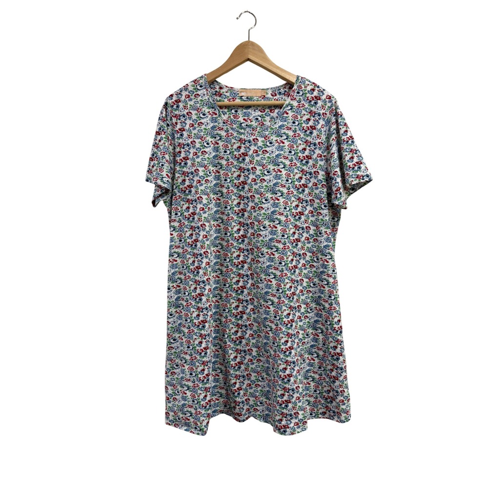 La Cera XL Floral Cotton Knit T-Shirt Dress Short Sleeve Pockets Blue Red White
